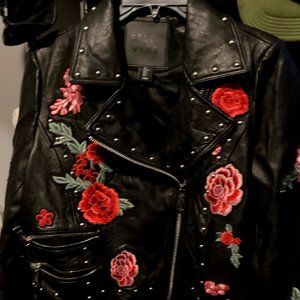 Black leather Rose embroidered Belle Vere jacket - Size L